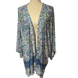 Womens Large Soma Cardigan Open Blue Purple Print Top Shirt